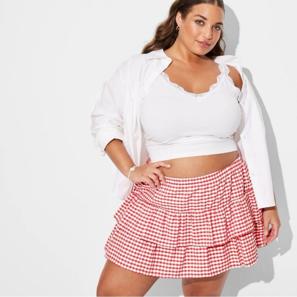 Wild Fable Red and White Tiered Skater Mini Skirt